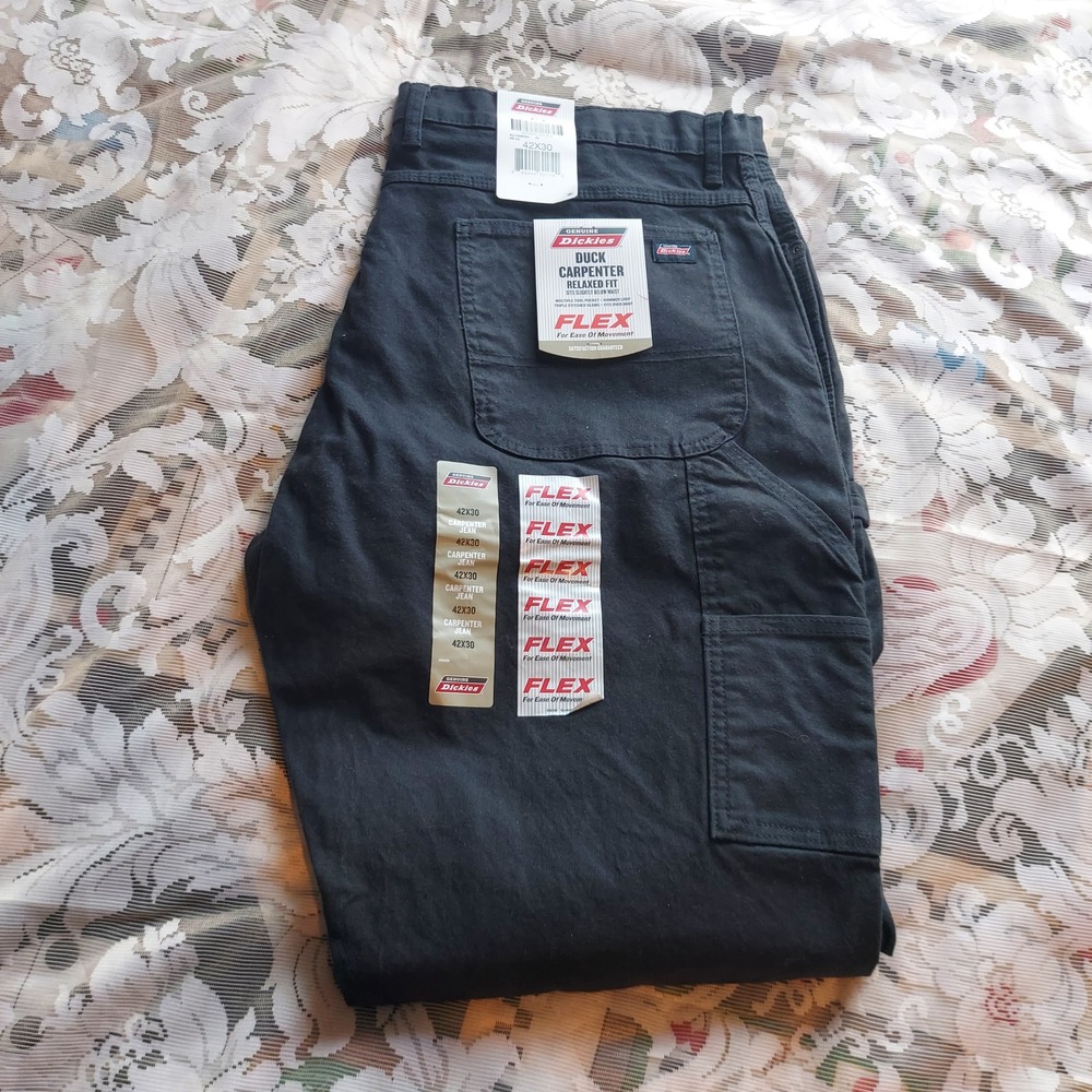 Genuine Dickies Mens 42x30 Black Duck Carpenter Relaxed Fit Flex Pants EU1939RBK